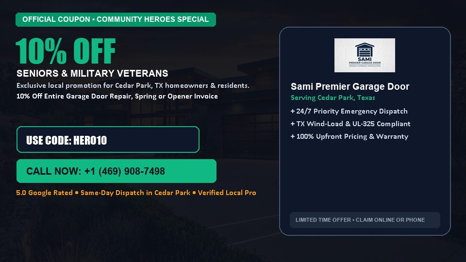 Sami Premier Garage Door 10% OFF Seniors & Military Veterans in Cedar Park, TX